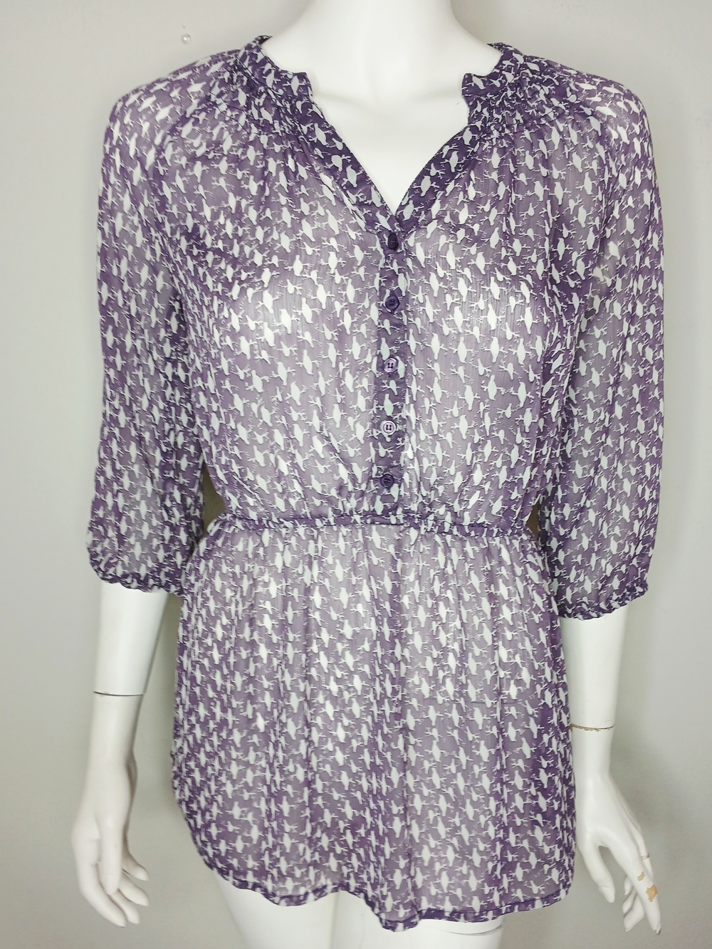Mossimo Supply Co. Purple Sheer Bird Printed Tunic Blouse